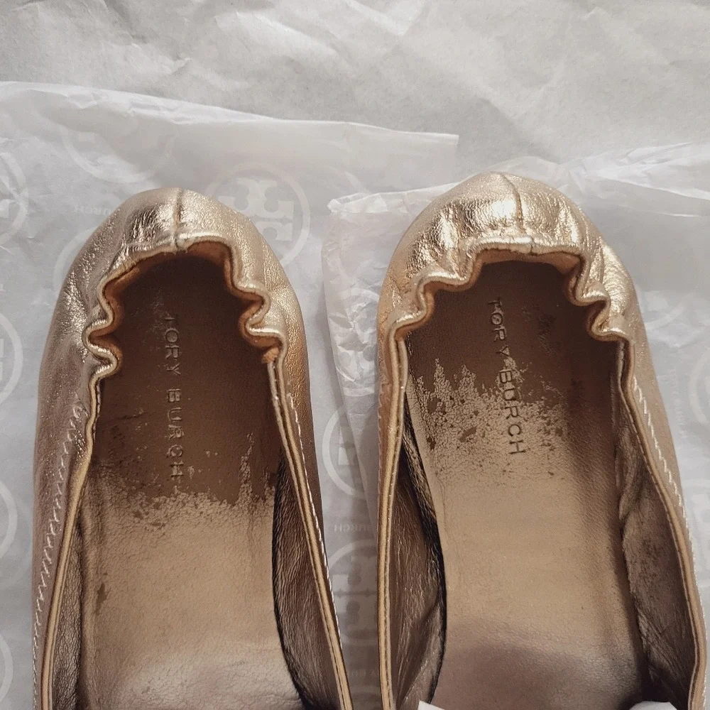 Tory Burch Minnie Rose Gold Leather Logo Travel Ballet 6.5‎ Metallic Minimal